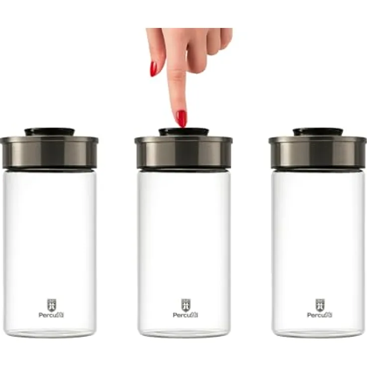 BURI Vorratsglas Vakuumglas 3er Set 1950ml, luftdicht, mottensicher, Edelstahl Deckel mit Easy Click Mechanismus, spülmaschinenfest, stapelbar