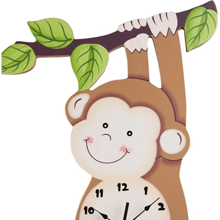 Teamson Kids Sunny Safari Monkey Wanduhr, Braun, Holzwerkstoff, 29x4x41 cm, keine Montage erforderlich, Kinderuhr zur Zeitlernung – Bild 4