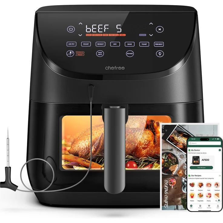 CHEFREE Heißluftfritteuse AF500, 6,5L XL-Kapazität, 8-in-1 Multikocher, Antihaftbeschichtung, Spülmaschinenfest - Transparentes Sichtfenster, Edelstahl 304, LED-Touch-Steuerung