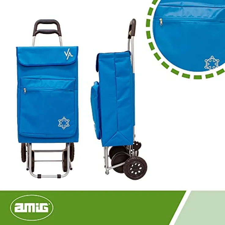 Amig - Einkaufstrolley | 22 x 40 x 106 cm | mit 4 Rädern | Außentasche für Tiefkühlkost | Herausnehmbare und waschbare Innentasche | Maximale Belastung von 15 kg | Blau Farbe – Bild 3