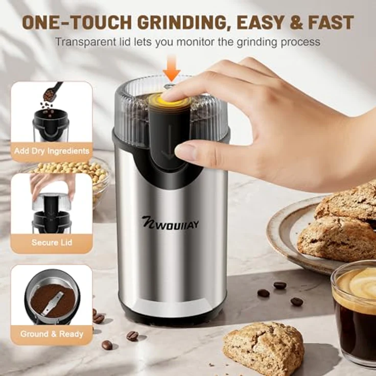 NWOUIIAY Elektrische Kaffeemühle 300W, 80g für Kaffeebohnen und Gewürze, Edelstahlklingen, kompakt und mehrzweckgeeignet – Bild 4