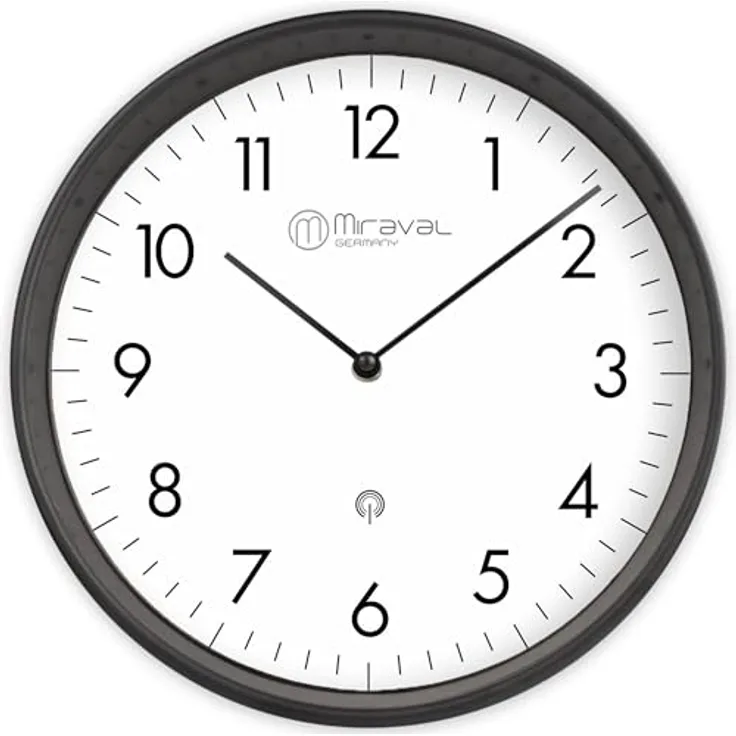 Miraval Design Funk-Wanduhr, 250 mm, lautloses Quarzuhrwerk, DCF77-Funksignal, schwarzes Kunststoffgehäuse, weißes Zifferblatt