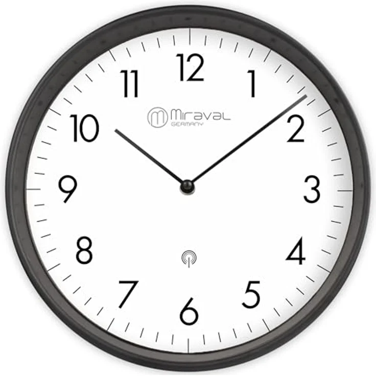 Miraval Design Funk-Wanduhr, 250 mm, lautloses Quarzuhrwerk, DCF77-Funksignal, schwarzes Kunststoffgehäuse, weißes Zifferblatt – Bild 1