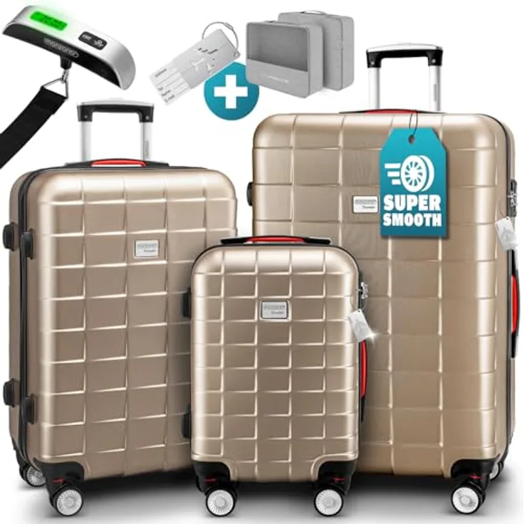 Monzana 3tlg Kofferset TSA Schloss Organizer Kofferwaage Gel-Griffe Zwillingsrollen Standfüße Trolley Reisekoffer Hartschale Koffer M-L-XL Champagner