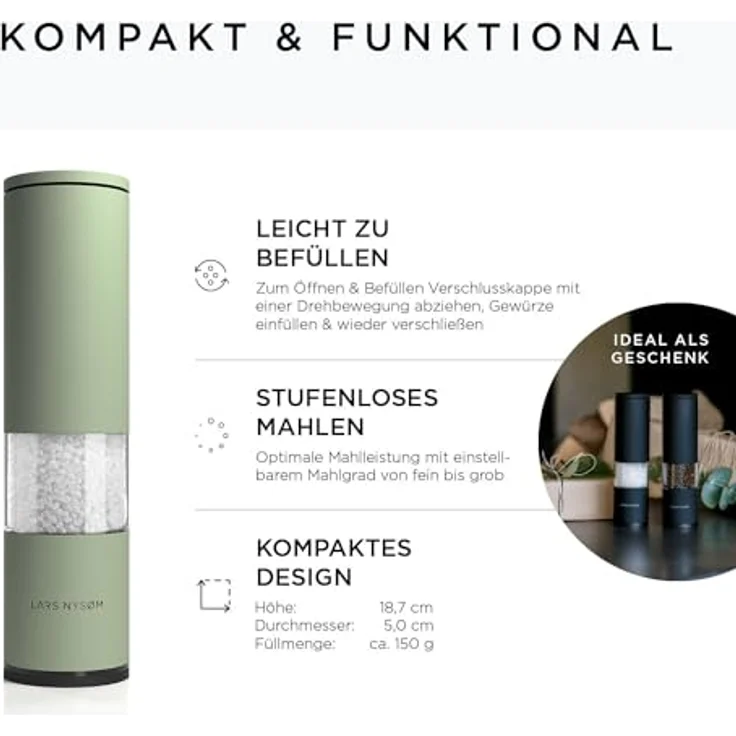 LARS NYSØM Salz und Pfeffer Mühle 2er Set Manuell mit einstellbarem Keramik-Mahlwerk von grob bis fein I Design Gewürzmühlenset (2 Stück) (Sage) – Bild 4