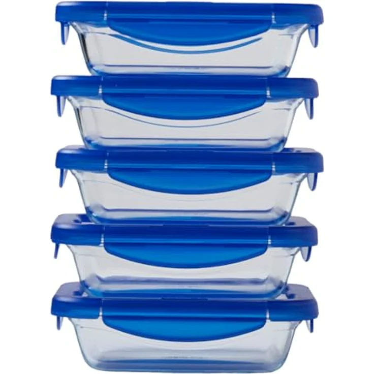 Pyrex Cook & Go, Stapelbares luftdichtes Küchenbehälterset, rechteckig, 5 Stück, 0,8 L, Blau – Bild 2