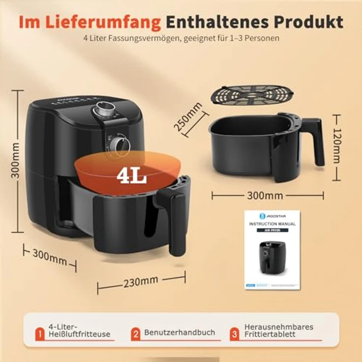 Aigostar Hayden Alpha 4L Heißluftfritteuse mit 1500 W, 30-Minuten-Timer, einstellbarer Temperatur, Überhitzungsschutz, Schwarz – Bild 8