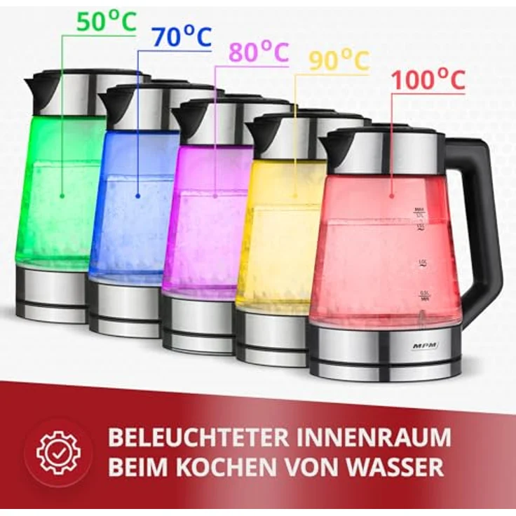 MPM MCZ-116 Wasserkocher 1,7L mit LED-Beleuchtung, Temperaturregelung 50-100°C, Glas- und Edelstahlgehäuse, Warmhaltefunktion, 2200W – Bild 2