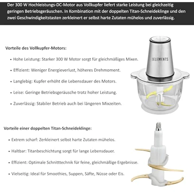 KB Elements Zerkleinerer ELK306FC, 300 W Vollkupfermotor, 2L Glasschüssel, Titan-Schneideklinge, rutschfeste Basis – Bild 2