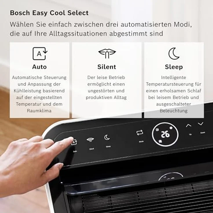 Bosch Cool 5000 Mobiles Klimagerät mit Invertertechnologie, 3-in-1: Klimagerät, Luftentfeuchter, Ventilator - 3,4 kW für Räume bis zu 46 m², Auto-Modus, Silent-Modus & Sleep-Modus – Bild 4