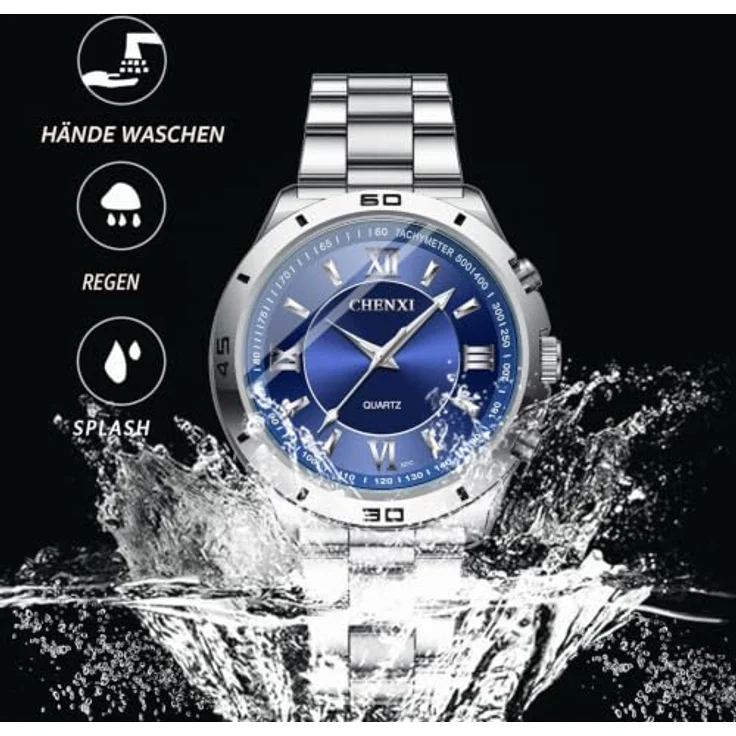 JewelryWe Paar Uhren Analog Quarz, 30M wasserdicht, Edelstahl Armband, Leuchtzeiger, blau – Bild 3
