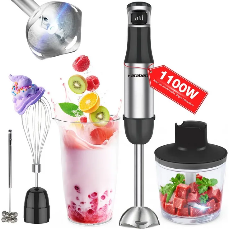 7MAGIC HB6010, Elektrischer Stabmixer 5 in 1 Set aus Edelstahl mit 1100 W, variable Geschwindigkeiten für Babynahrung, Suppe, Smoothies, inkl. Schneebesen und Milchaufschäumer