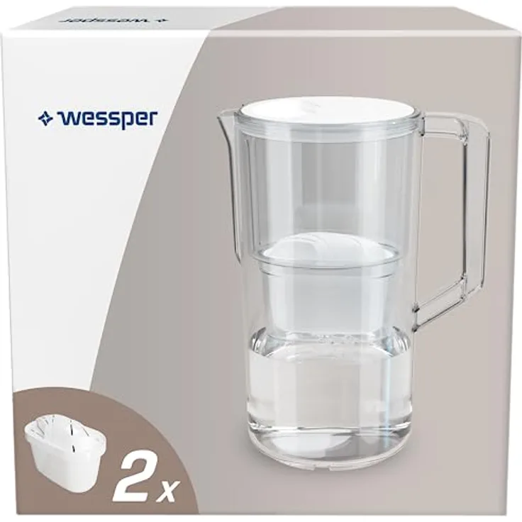 Wessper Aqua Max Basic Wasserfilterkanne 2.5 L Kompatibel Mit Brita Maxtra, Wasser Filtersystem zur Reduzierung von Kalk, Chlor, Inklusive 2x Wasserfilter-Kartusche, weiß