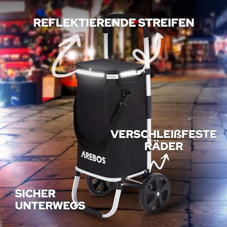 Arebos 3in1 Einkaufstrolley | Trolley groß 56 Liter | Einkaufswagen mit Kühlfach | Einkaufstasche mit Rollen | Schwarz – Bild 5