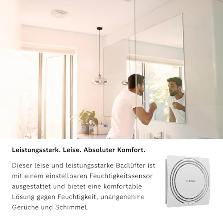 Bosch Badlüfter Fan 1900 DH W100, leiser Ventilator mit einstellbarem Feuchtigkeitssensor (40 % - 90 %) für komfortable Raumluftkontrolle – Bild 2