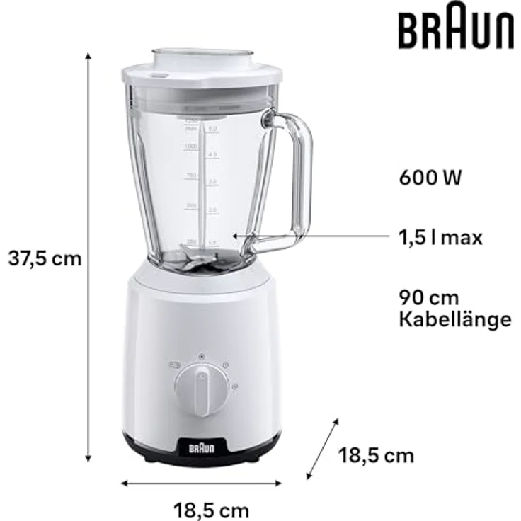 Braun JB 1050 WH Standmixer, 600 Watt, 1,25 Liter, Puls-Funktion, Eis-Crusher, 2 Geschwindigkeiten, weiß – Bild 3