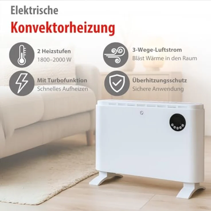 alpina Elektrischer Heizlüfter 2000W, Konvektorheizung mit einstellbarem Thermostat, 3 Heizstufen, Turbo-Funktion, freistehend oder wandmontierbar, Weiß – Bild 2