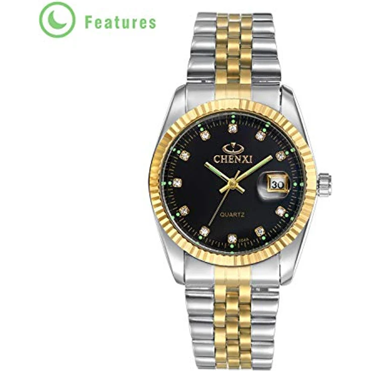 JewelryWe Paar Uhr Analog Quarz mit Kalender, 30M wasserdicht, Edelstahl Armband, schwarz Strass Zifferblatt – Bild 5