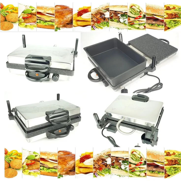 Neudorf Kontaktgrill Granit, 2000W, höhenverstellbare Grillplatte, 180° aufklappbar, doppelte Grillfläche mit Kasserolle
