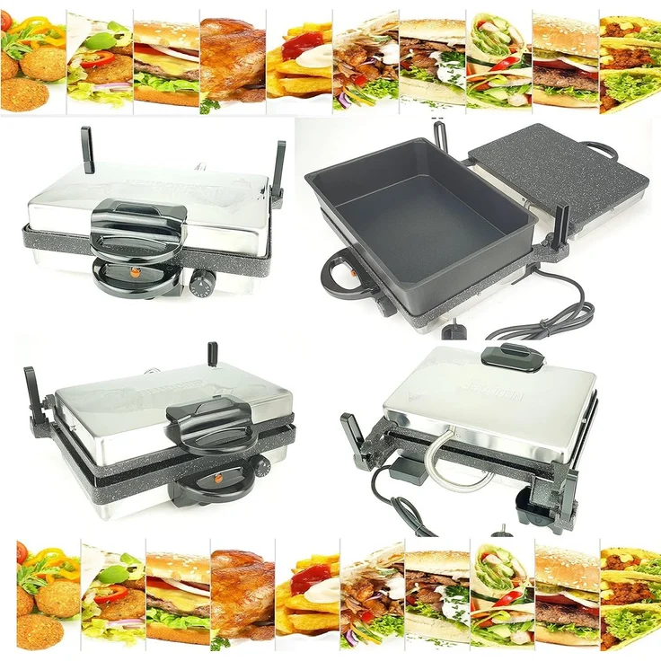 Neudorf Kontaktgrill Granit, 2000W, höhenverstellbare Grillplatte, 180° aufklappbar, doppelte Grillfläche mit Kasserolle