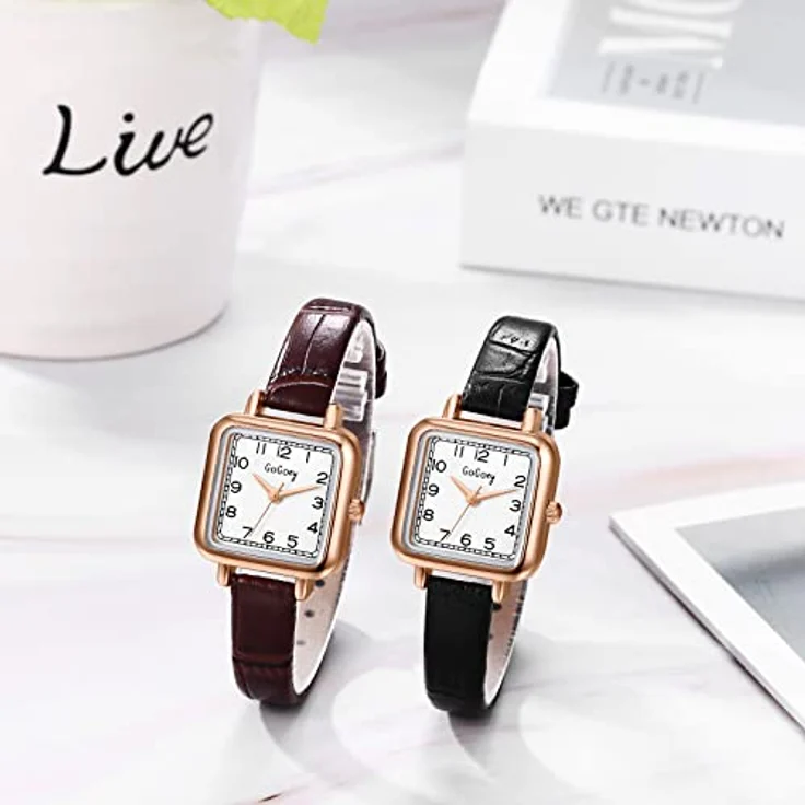 JewelryWe 2pcs Analog Quarz Armbanduhr Damen, schlicht quadratisch mit PU Lederarmband, schwarz – Bild 2