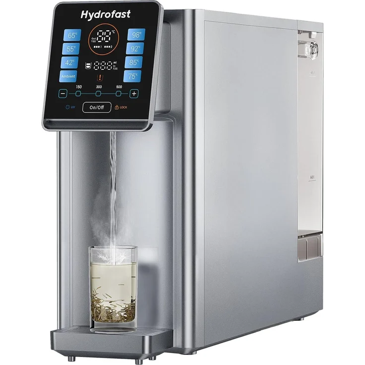 Hydrofast W100 Auftisch Umkehrosmose, 6-Stufen-Filter, 8 Temperatureinstellungen, 3:1 Verhältnis, TDS-Monitor, UV-Sterilisation, Silber