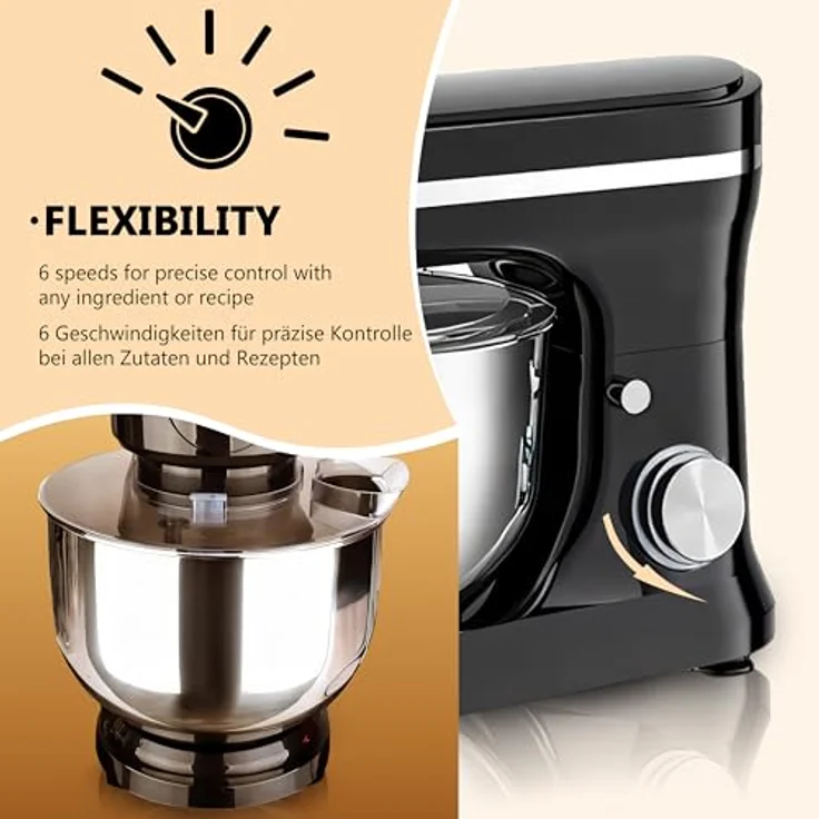 Retoo Küchenmaschine 3 in 1 mit Edelstahl-Schüssel 6 L 2000 W, 6 Stufen, Planetarischer Bewegung, 3 Aufsätze, Spritzschutz, Geräuscharm – Bild 3