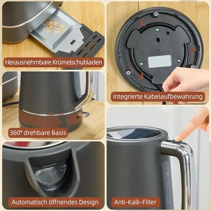 HOMCOM Toaster Set, 1,7 L Wasserkocher und Toaster mit 2 Schlitzen, 2200 W, 6 Bräunungsstufen, grau und chrom – Bild 9