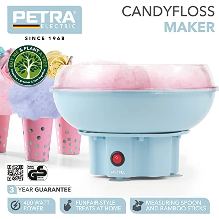 Petra PT2641BLVDEEU7 Zuckerwattemaschine für Zuhause - Elektrische Retro Zuckerwatte-Maschine fur Kindergeburtstag, Enthält 50 x Zuckerwatte Stäbchen & Messlöffel, 400W, BPA-frei, Tragbare, Blau – Bild 2