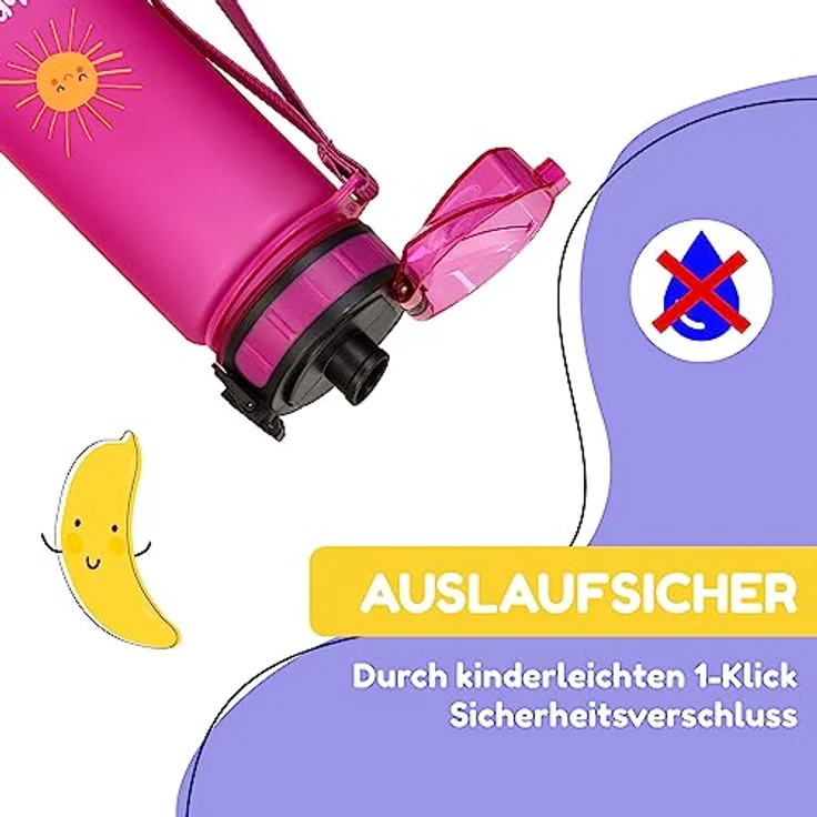 schmatzfatz Kinder Trinkflasche 400ml, Sport für Schule Kindergarten, 1-Klick Verschluss, Geschmacksneutrale Wasserflasche, Auslaufsicher mit Fruchteinsatz, BPA-Frei – Bild 2