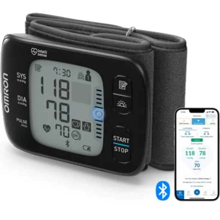 OMRON RS7 Intelli IT Handgelenk-Blutdruckmessgerät mit Positionierungssensor und Bluetooth-Konnektivität für den Einsatz zu Hause oder unterwegs