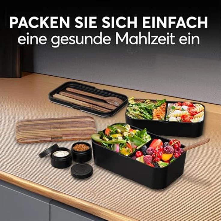 UMAMI Bento Lunchbox für Erwachsene, auslaufsichere Brotdose mit Besteck und 2 Saucenbehältern, Fächer für Meal Prep, ideal für Salat und Snacks – Bild 7