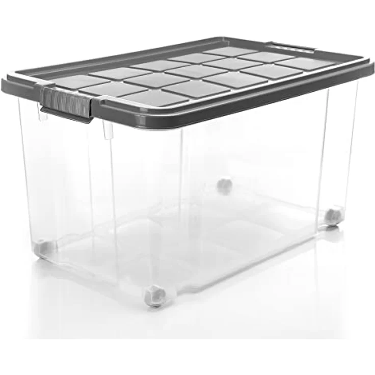 BigDean 4 Stück 60 L Aufbewahrungsbox mit Deckel stahlgrau - stapelbare robuste Box BPA-frei - rollbare Stapelbox mit festen Klickverschlüssen - Made in Germany – Bild 2