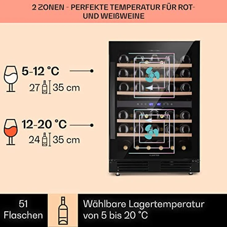 Klarstein Vinovilla 50 Duo, Zweizonen-Weinkühlschrank mit 53l für 17 Flaschen, 3-Farben Glastür, Energiefreundlich und leise – Bild 3
