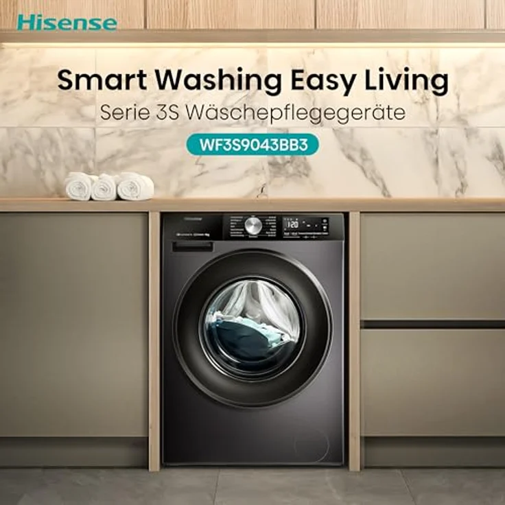 Hisense WF3S9043BB3 Waschmaschine mit Dampffunktion, 9 kg, 1400 U/min, WiFi, Power JetWash, Anti-Allergie Programm, Aqua Stop, Auto Wash, EEK A-30 Prozent, Schwarz – Bild 4