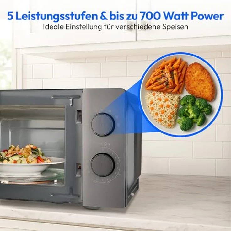 MEDION Mikrowelle MD12211, kompakt (17L, 700 Watt, 5 Mikrowellenstufen, Auftaufunktion, Timer), grau [MODELL 2025] – Bild 3