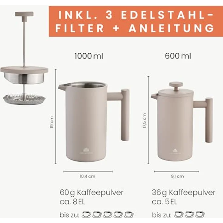 GRØNENBERG French Press Kanne, Edelstahl Kaffeebereiter mit Thermo-Effekt, 0,6 oder 1 Liter, inkl. 3 Ersatz-Filter – Bild 7