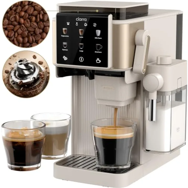 CIARRA Espressomaschine CBSACM-D6, automatischer Tampen, 15 Bar, Touch-Display, mit integriertem Mahlwerk und abnehmbarem Milchbehälter