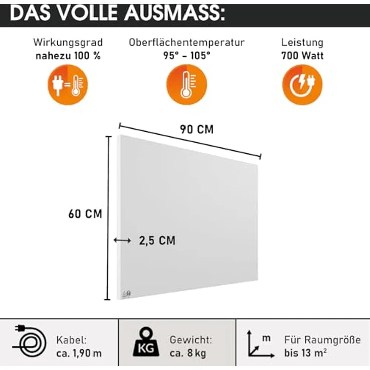 BRAST® Infrarotheizung 700 Watt | Made in Europe | hoher Wirkungsgrad | Ultraflache Bauweise | IP 700, Weiß – Bild 2