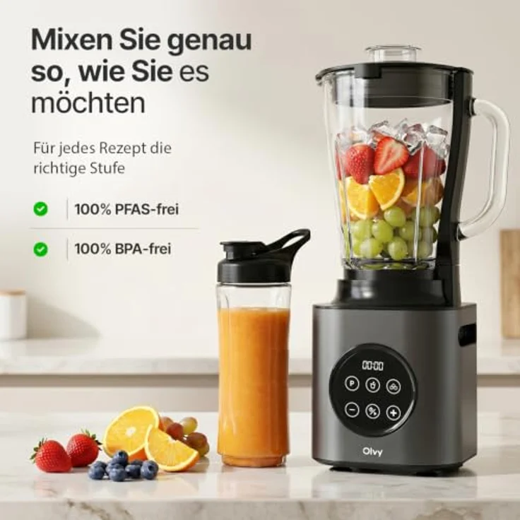 Olvy Standmixer Smoothie Maker, 1000 Watt, Glasbehälter 1500ml, Smart-Touch-Display, inklusive To-Go Trinkflasche – Bild 5
