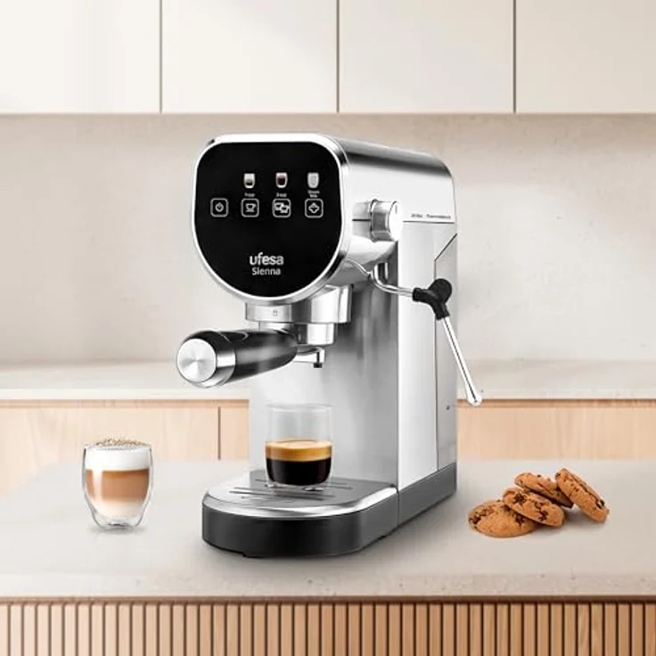 Ufesa Sienna, Siebträgermaschine mit 20 Bar Druck, 1360 Watt, Silber und Schwarz, inkl. digitalem Touch-Panel und abnehmbaren Wassertank – Bild 6