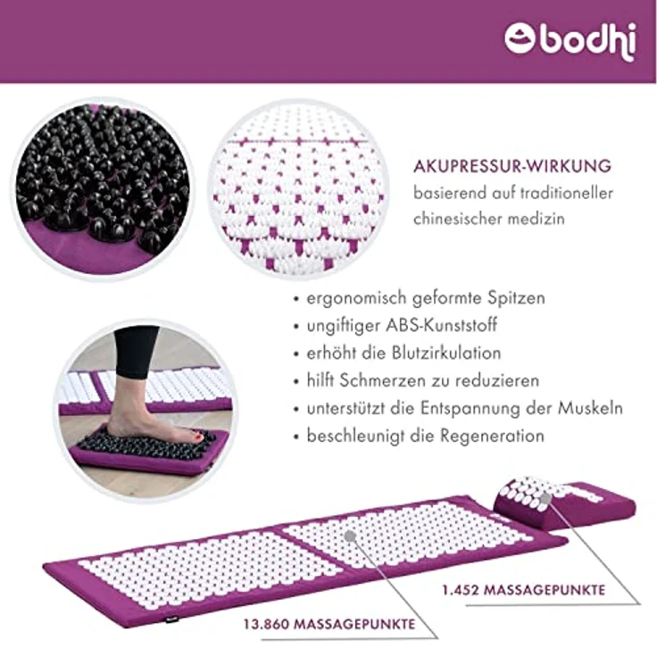 bodhi Vital Akupressur DELUXE-Set XL, aubergine, bestehend aus Nagelmatte, Kissen, SOFT Fußmatte und Tasche – Bild 4