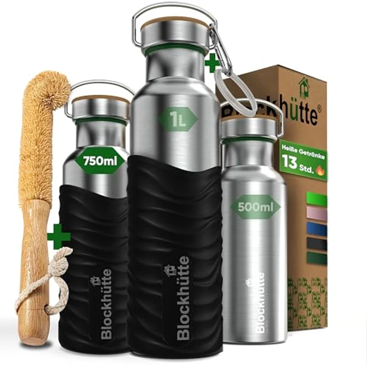 Blockhütte Edelstahl Trinkflasche 750ml, auslaufsicher, BPA-frei mit Silikonmantel, ideal für Kohlensäure, für Kinder und Erwachsene, inkl. Sicherheitskarabiner und Ersatzdichtung – Bild 1