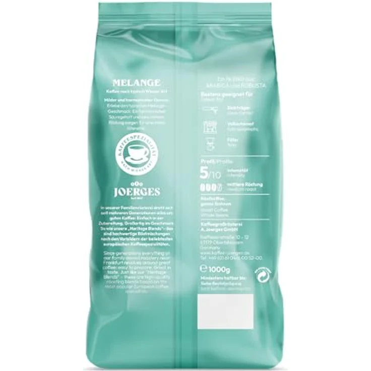 Joerges Melange, Geröstete Kaffeebohnen, 1 kg, Mittlere Röstung, 5/10 Intensität – Bild 2