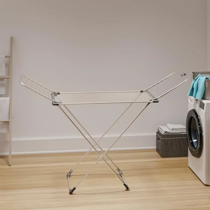 Vileda Max Wäscheständer, Edelstahl mit klappbarem Aluminiumgitter, Anti-Falten-Drähte, für Innen und Außen, mit integrierten Rädern – Bild 4