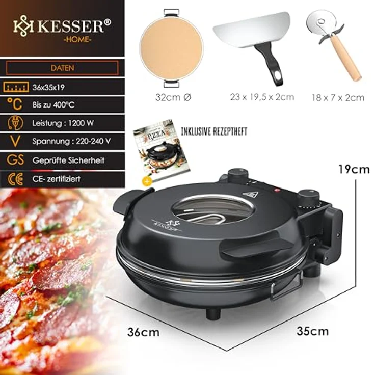 KESSER® Pizza-Ofen elektrisch bis 400 Grad | Elektrischer Pizzabäcker 1200W mit feuerfester Steinplatte & Timer Durchmesser 32cm | 5 Heizstufen & Sichtfenster | inkl. Pizzaschneider & Rezeptbuch – Bild 4