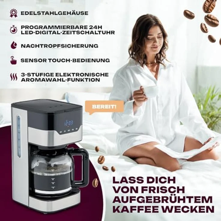 ProfiCook PC-KA 1169 Kaffeeautomat, elektronische Aromawahlfunktion, Sensor Touch-Bedienung - Touchscreen, 24 Stunden-LED-Digital-Zeitschaltuhr, 1.5 Liter, Edelstahl - Schwarz – Bild 4