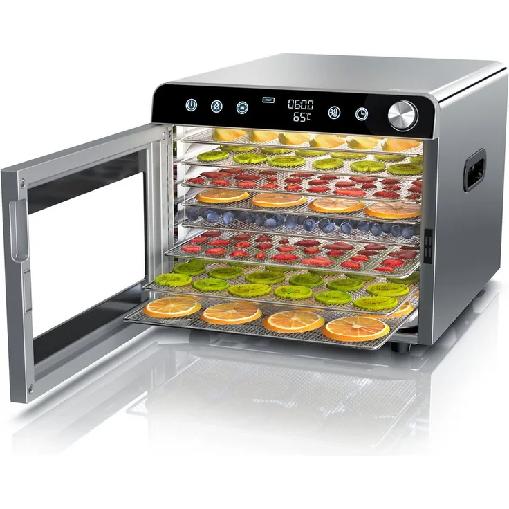 Arendo Dörrautomat Edelstahl, Dehydrator mit Temperaturregler 30-85°C, 8 Etagen, 700 W, Timer 0,5-24 Stunden, BPA-frei