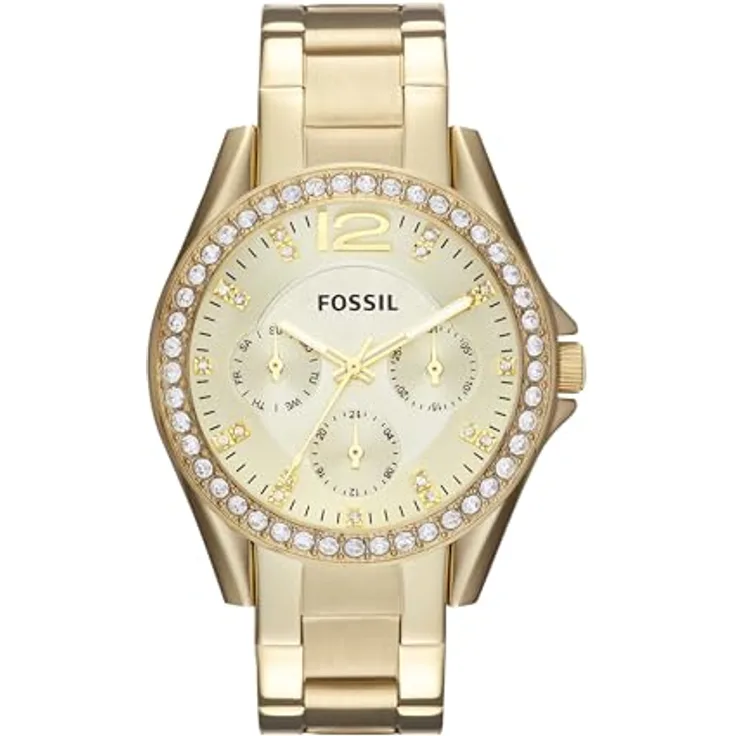 Fossil Multifunktionsuhr RILEY ES3203, Damen Quarzuhr mit Edelstahlarmband und Glassteinen