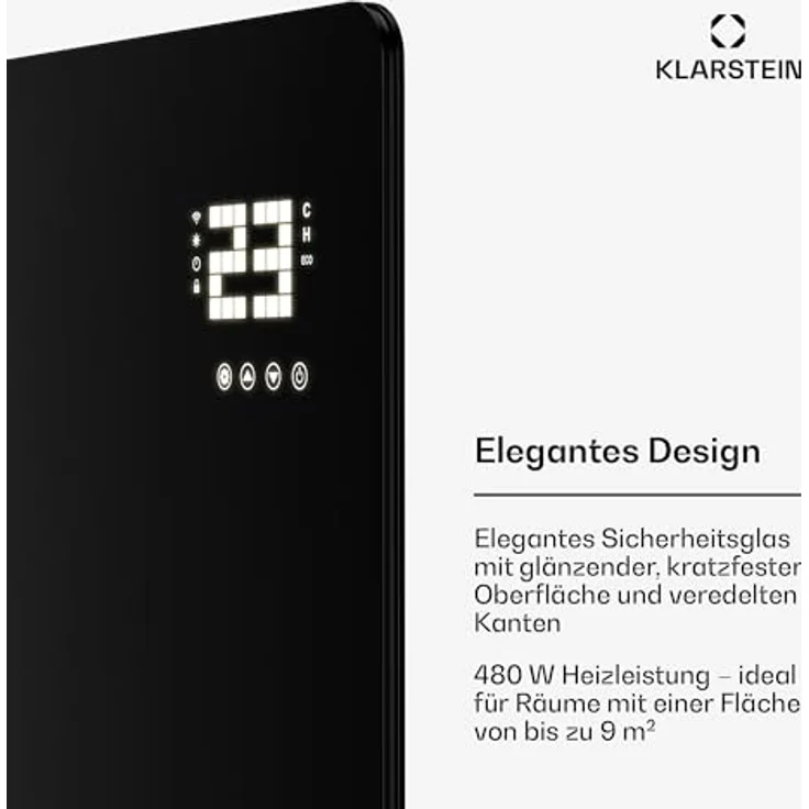 Klarstein Infrarotheizung 480W, Wandmontage & Standgerät mit Thermostat, App-Steuerung, IP43, Glas-Design, Überhitzungsschutz, Schwarz – Bild 3